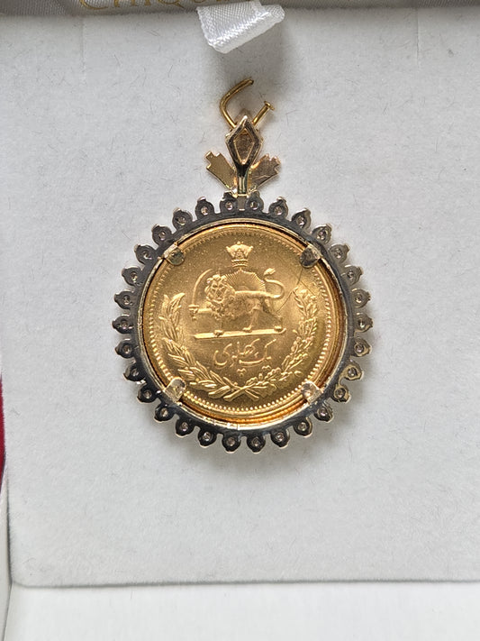 14K Gold Mohammad Reza Shah Pahlavi Coin Pendant Lab-Created Diamonds 13.1g