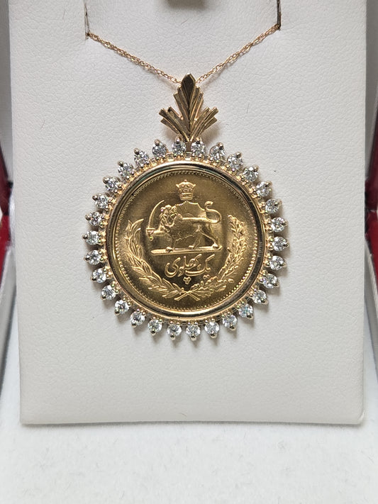 14K Gold Mohammad Reza Shah Pahlavi Coin Pendant Lab-Created Diamonds 13.2g
