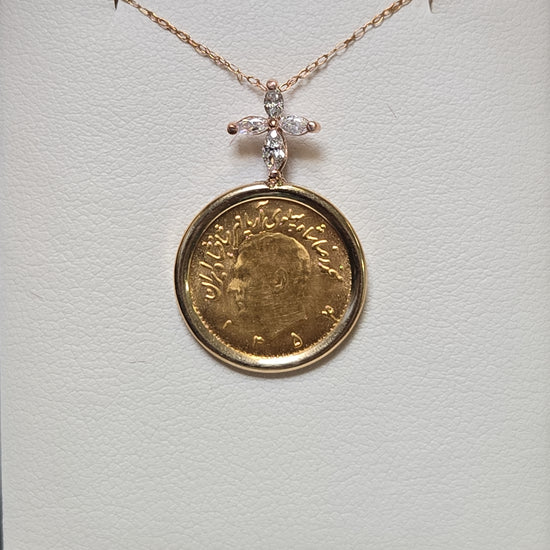 14K gold Mohammad Reza Shah 1/4 Pahlavi coin pendant with 0.2ct diamonds, crafted by Chique Jewelry, featuring detailed coin design.