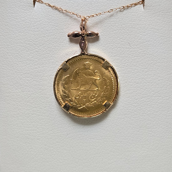 14K gold Mohammad Reza Shah 1/4 Pahlavi coin pendant with 0.2ct diamonds, featuring intricate design and a polished finish.