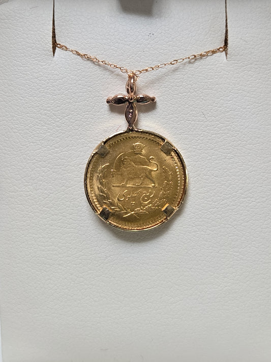 14K Gold Mohammad Reza Shah 1/4 Pahlavi Coin Pendant 0.2ct Diamonds 3g