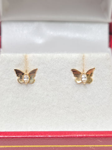14K gold stud earrings with round cubic zirconia stones, featuring a simple and elegant design by Chique Jewelry.