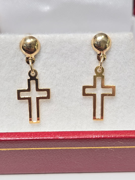 14K gold cross drop earrings from Chique Jewelry, lightweight 0.9g with elegant design, shown hanging against a neutral background.