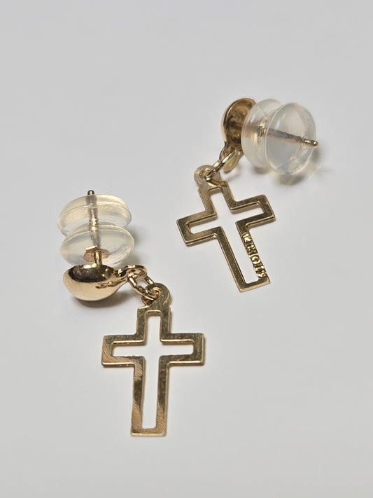 14K gold cross drop earrings by Chique Jewelry, featuring delicate design and 0.9g weight, displayed on a white background.
