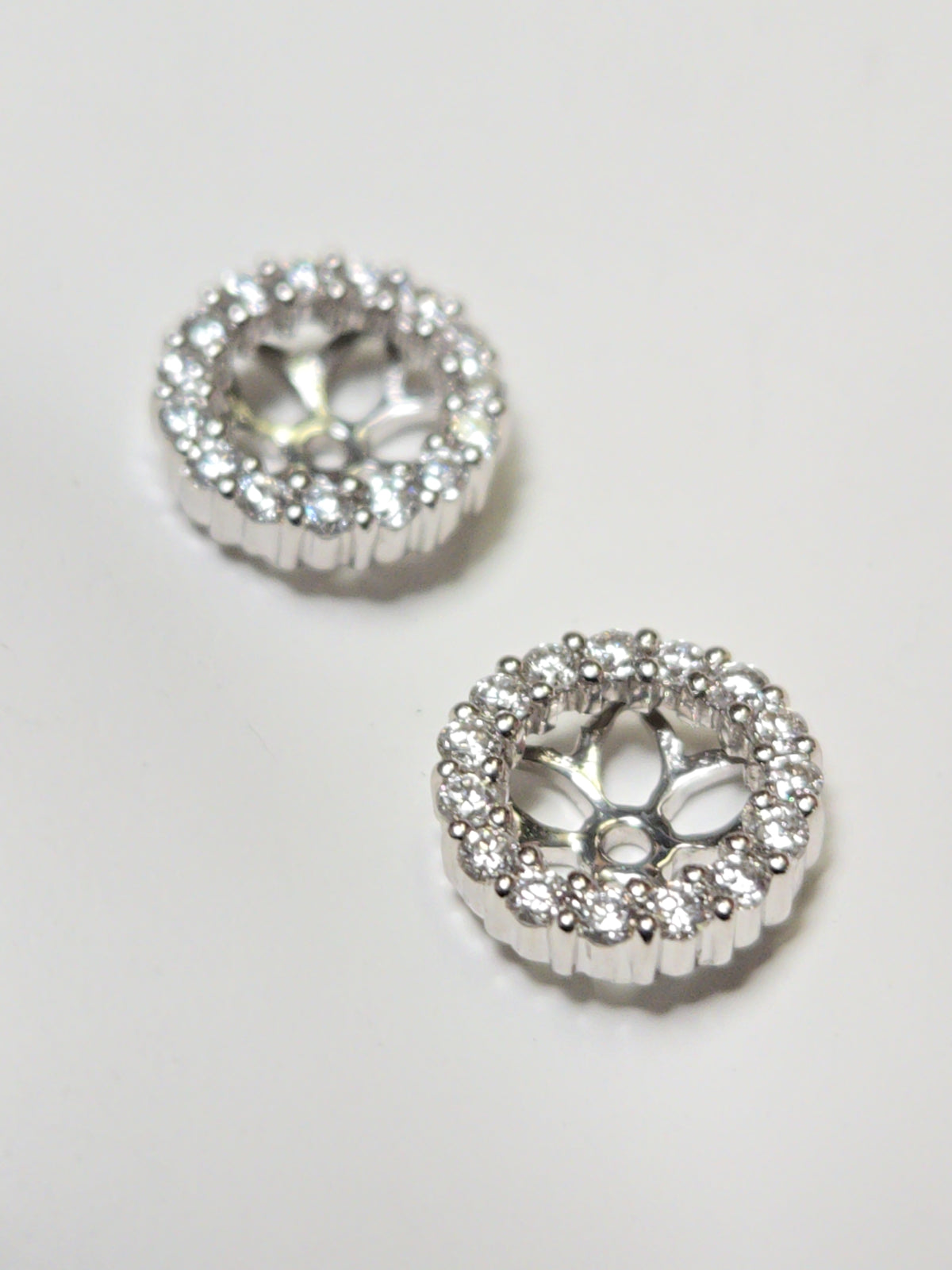 14K white gold earring jackets with 0.5ct round lab-created diamonds, designed for Chique Jewelry earrings.