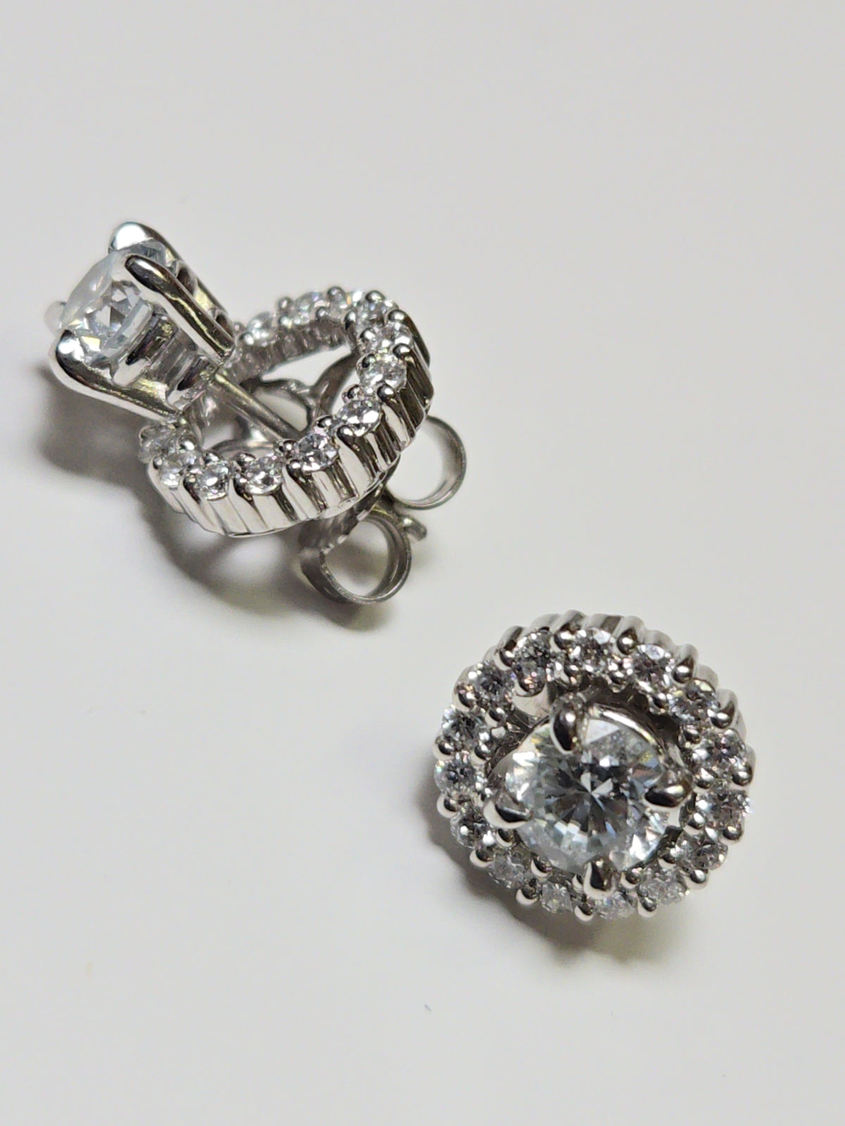 14K white gold earring jackets with 0.5ct round lab-created diamonds, designed for Chique Jewelry earrings.