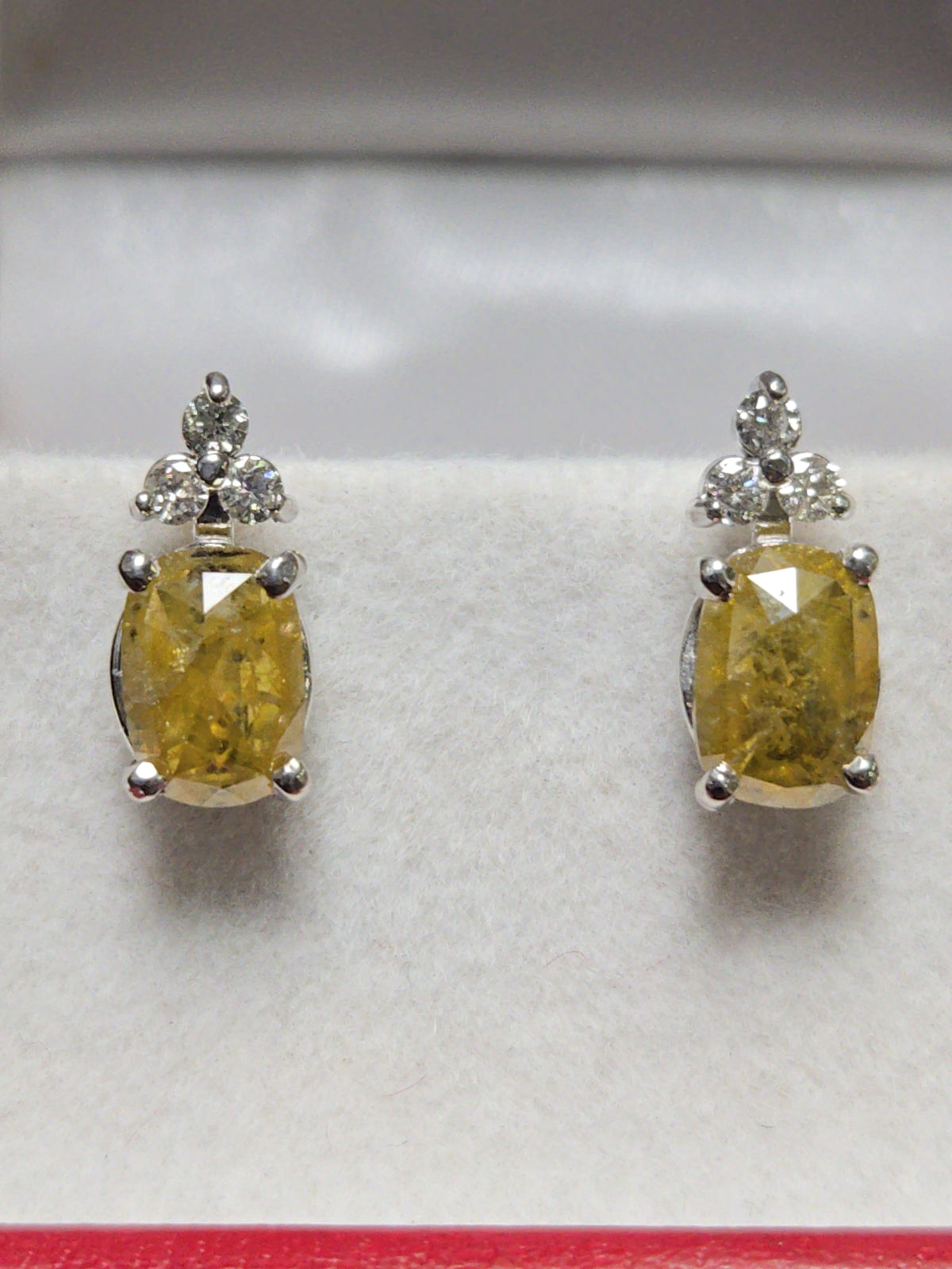 14K white gold stud earrings with 2.02ct rose-cut yellow diamonds, elegant jewelry by Chique Jewelry