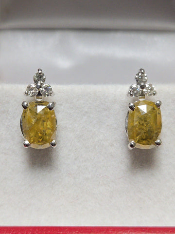 14K white gold stud earrings with 2.02ct rose-cut yellow diamonds, elegant jewelry by Chique Jewelry