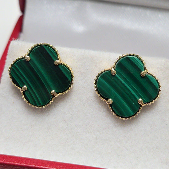 14K gold stud earrings featuring green malachite in a clover shape, weighing 2.5 grams, from Chique Jewelry.