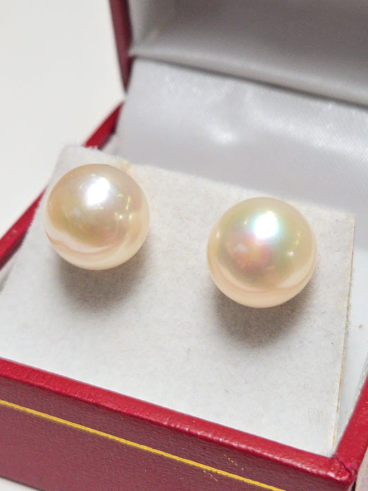14K gold stud earrings with round pearls from Chique Jewelry, showcasing elegant jewelry design and lustrous pearl details.