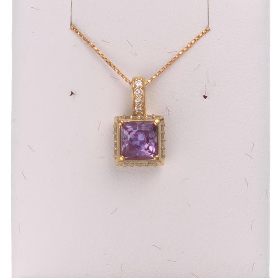 14k gold pendant with 1.05 ct lab-created princess Alexandrite, showcasing a stunning, vibrant purple-blue gemstone.