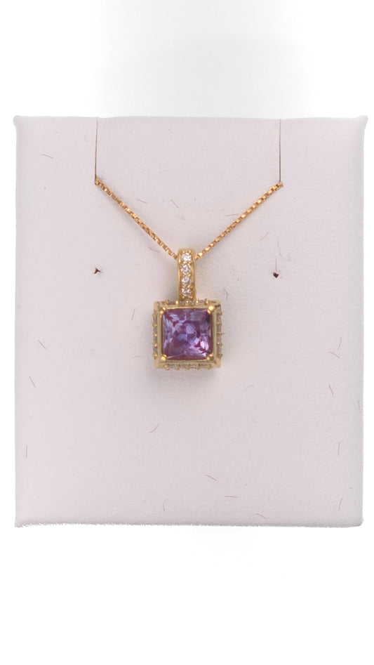 14k gold pendant with 1.05 ct lab-created princess Alexandrite, showcasing a stunning, vibrant purple-blue gemstone.