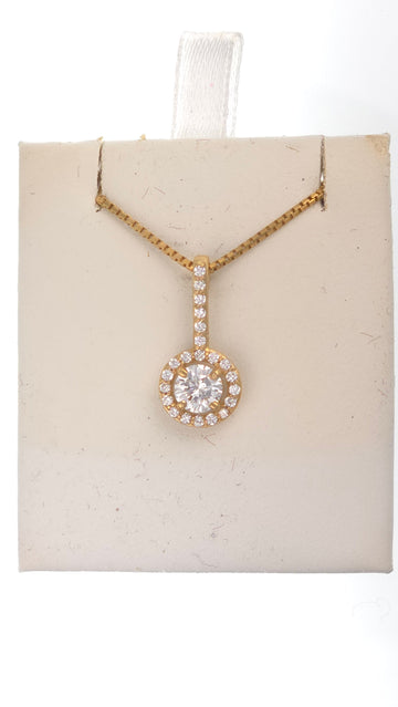 14k gold pendant with 0.5 ct round diamond GH-VS2 and 0.2 ct side diamonds G-VS1, featuring intricate design and sparkling gemstones.