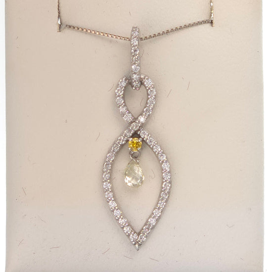 14k white gold pendant featuring a 0.3 ct briolette diamond, side diamonds, and a yellow diamond accent, from Chique Jewelry.