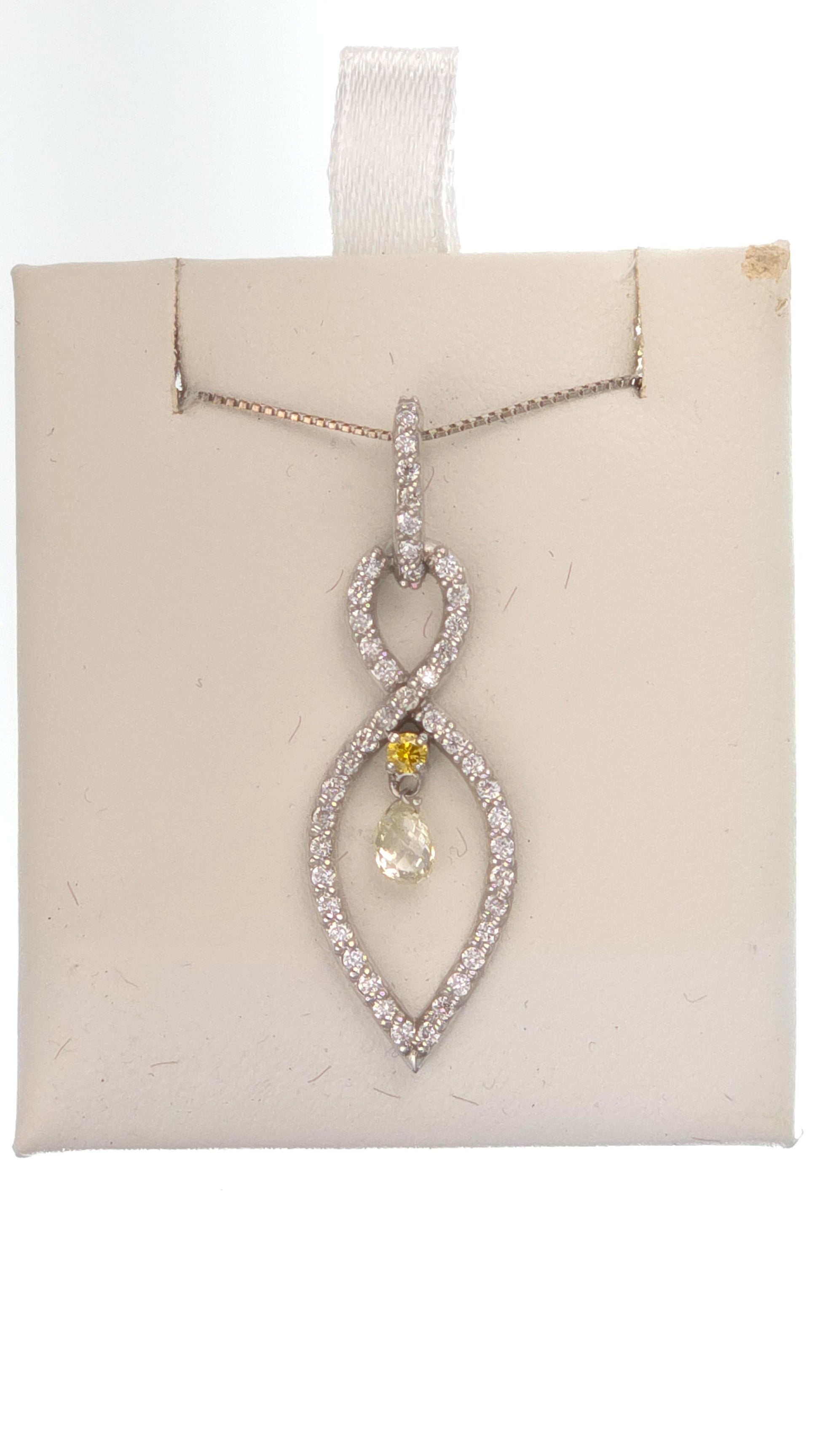 14k white gold pendant featuring a 0.3 ct briolette diamond, side diamonds, and a yellow diamond accent, from Chique Jewelry.