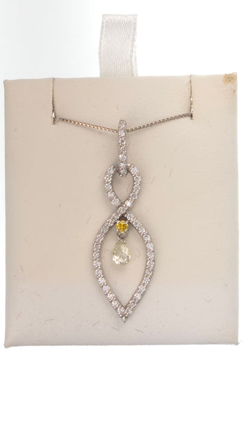 14k white gold pendant featuring a 0.3 ct briolette diamond, side diamonds, and a yellow diamond accent, from Chique Jewelry.