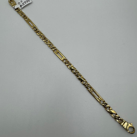 14k gold Figaro bracelet, 7.5 inches long and 4.9mm wide, with a polished finish, weighing 12.3 grams, by Chique Jewelry.