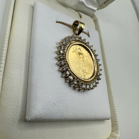 14k gold Liberty coin pendant with 1.00 ct natural diamonds, H-SI2 clarity, weighing 7.4g, from Chique Jewelry.
