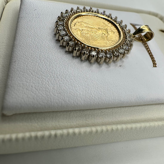 Gold Liberty coin pendant with 1.00 ct natural diamonds, 22k gold, H-SI2 clarity, weight 7.4g, crafted by Chique Jewelry.