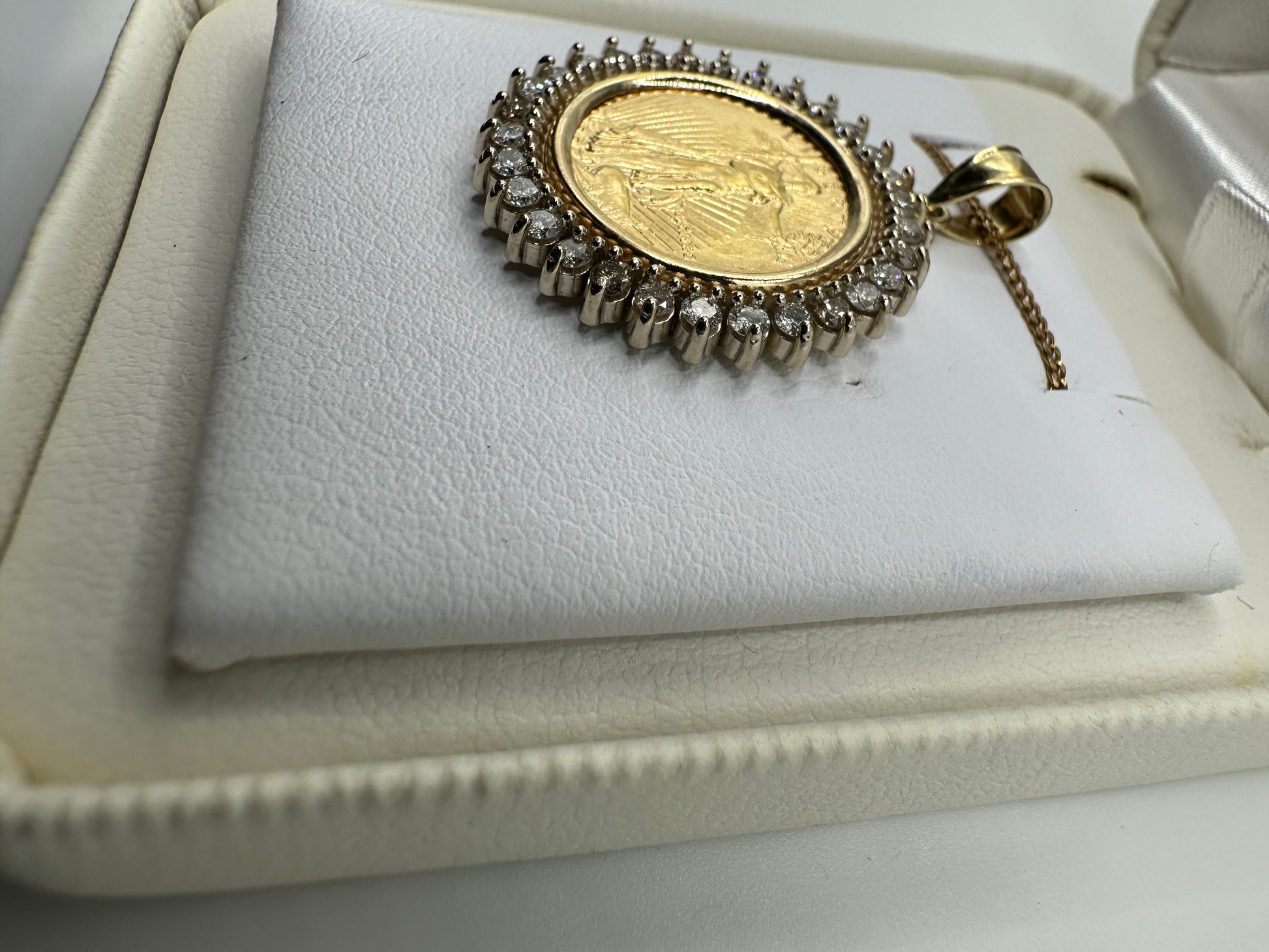 Gold Liberty coin pendant with 1.00 ct natural diamonds, 22k gold, H-SI2 clarity, weight 7.4g, crafted by Chique Jewelry.